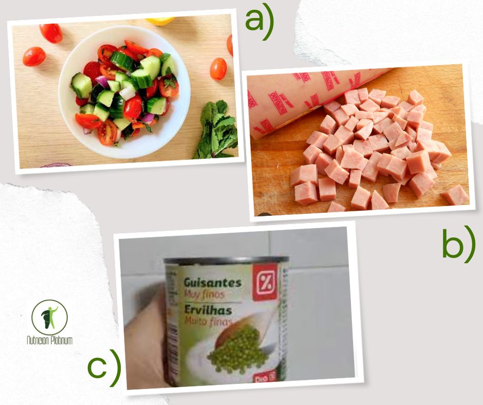 Ensalada Mediterranea acompañada de guisantes en conserva con taquitos de jamón de york.